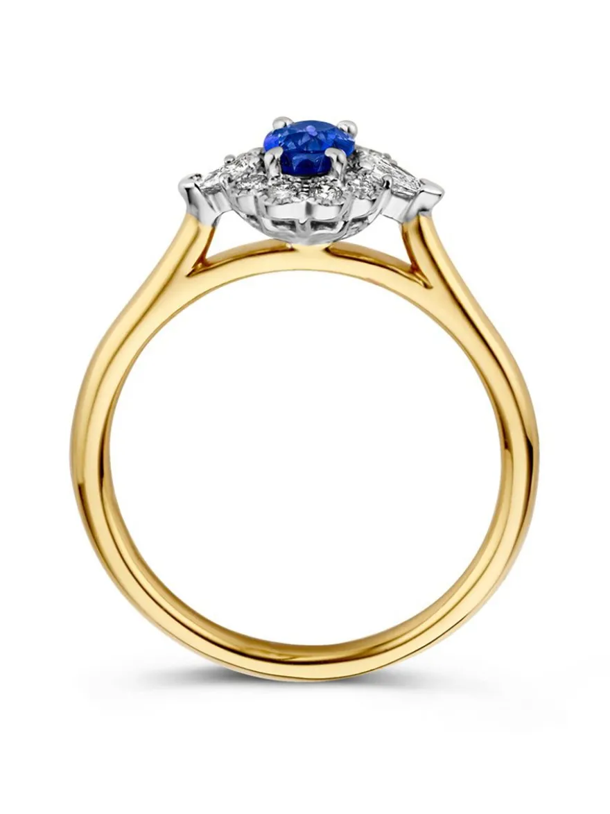 Bicolor entourage ring met briljant en saffier + Luxe Cadeau