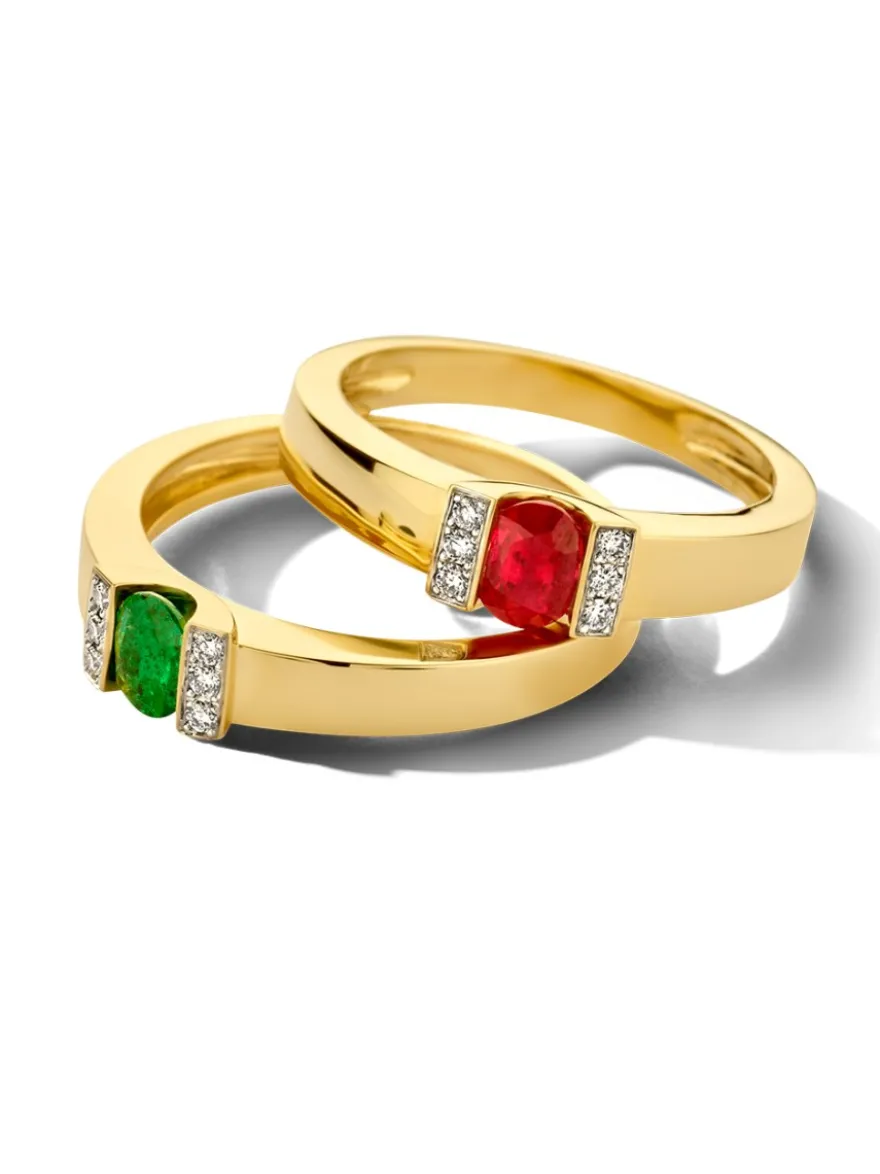 Bicolor entourage ring met smaragd en diamant 0,05crt.