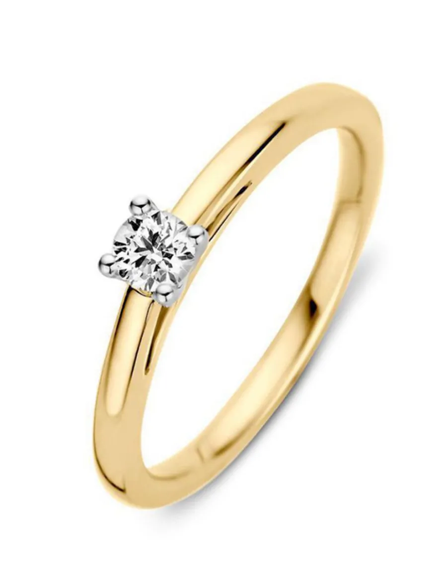 Bicolor gouden solitairring 0,19crt. + Luxe cadeau